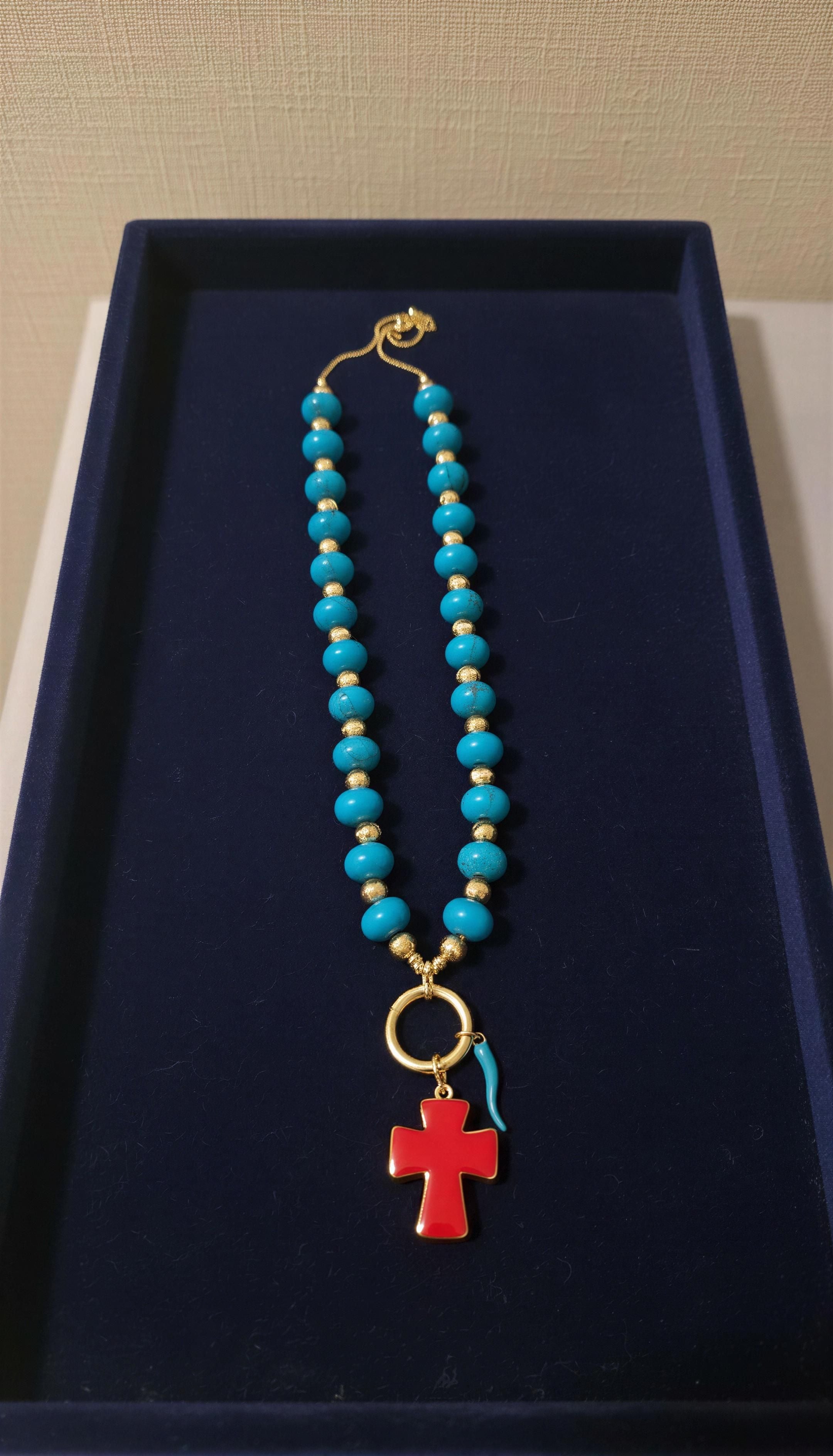 Turquoise Color Beaded Necklace with Cross Pendant
