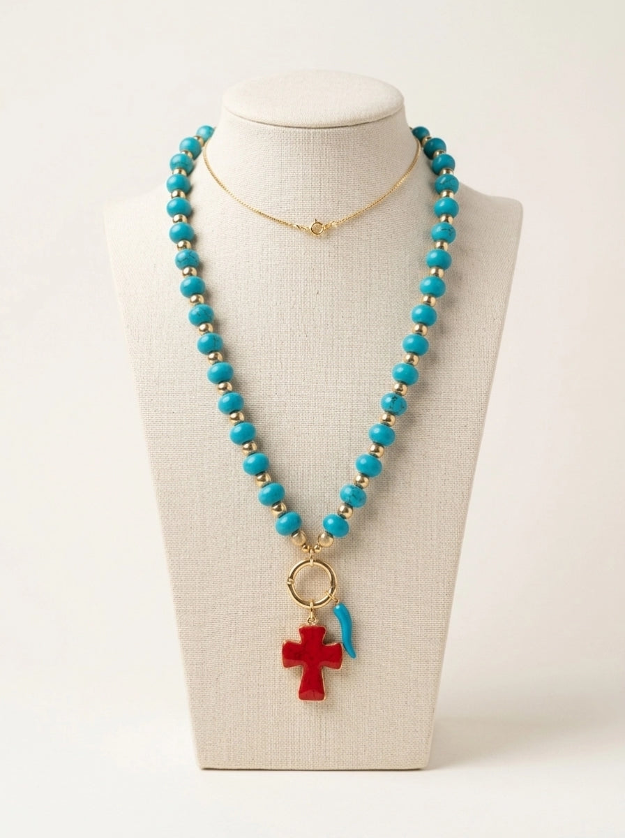 Turquoise Color Beaded Necklace with Cross Pendant