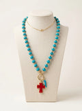 Turquoise Color Beaded Necklace with Cross Pendant
