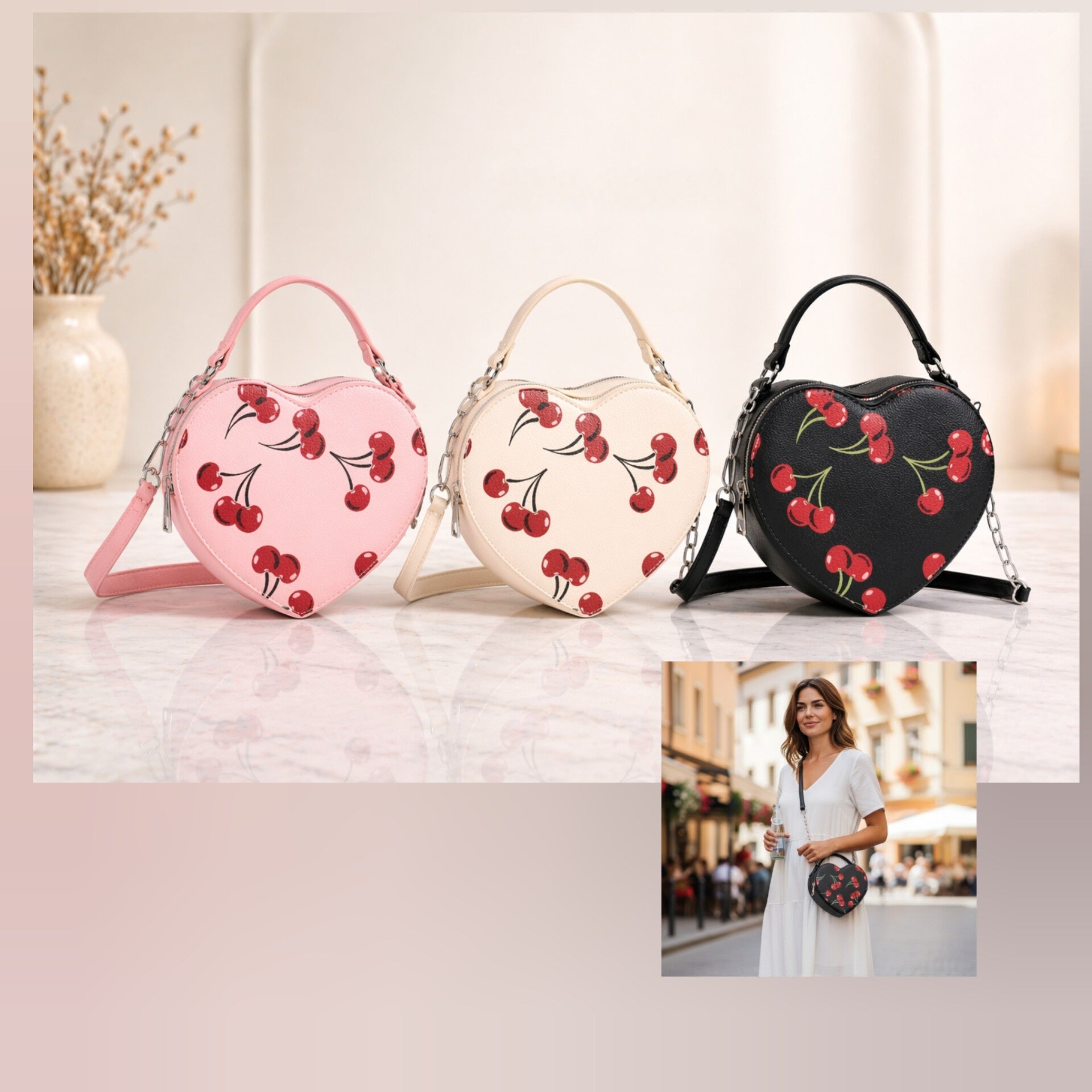 Heart Shaped Cherry Print Crossbody Handbags
