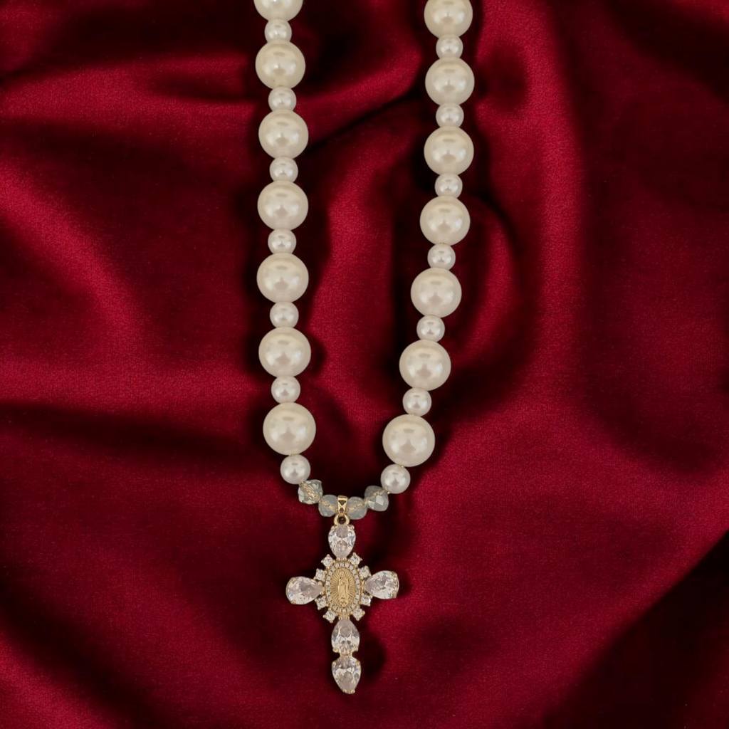 HANDCRAFTED PEARL NECKLACE WITH CRYSTAL CROSS