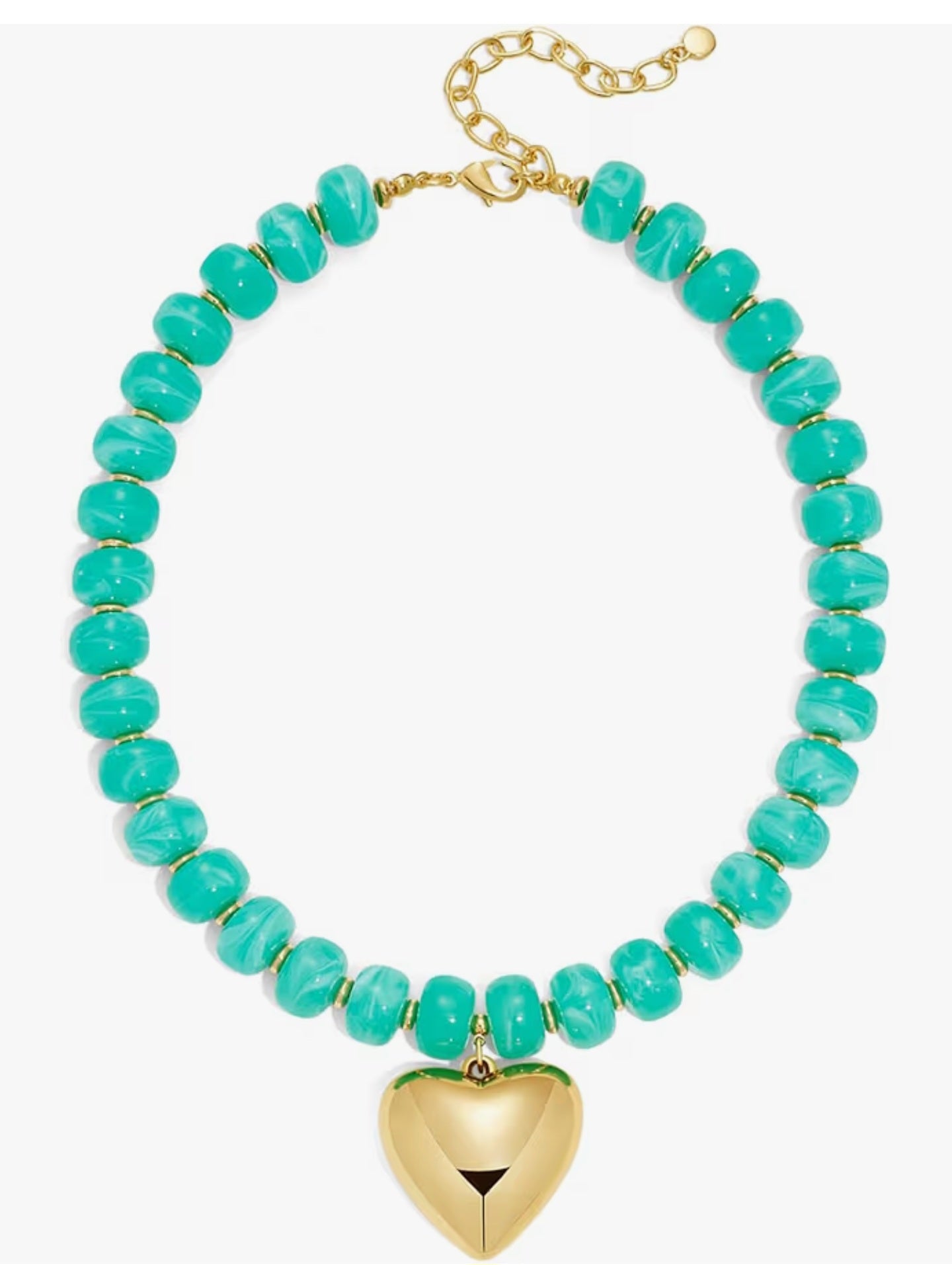 Vibrant Turquoise Beaded Necklace with Gold Heart Pendant