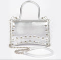 Metallic Faux Leather Studded Top Handle Silver Clutch