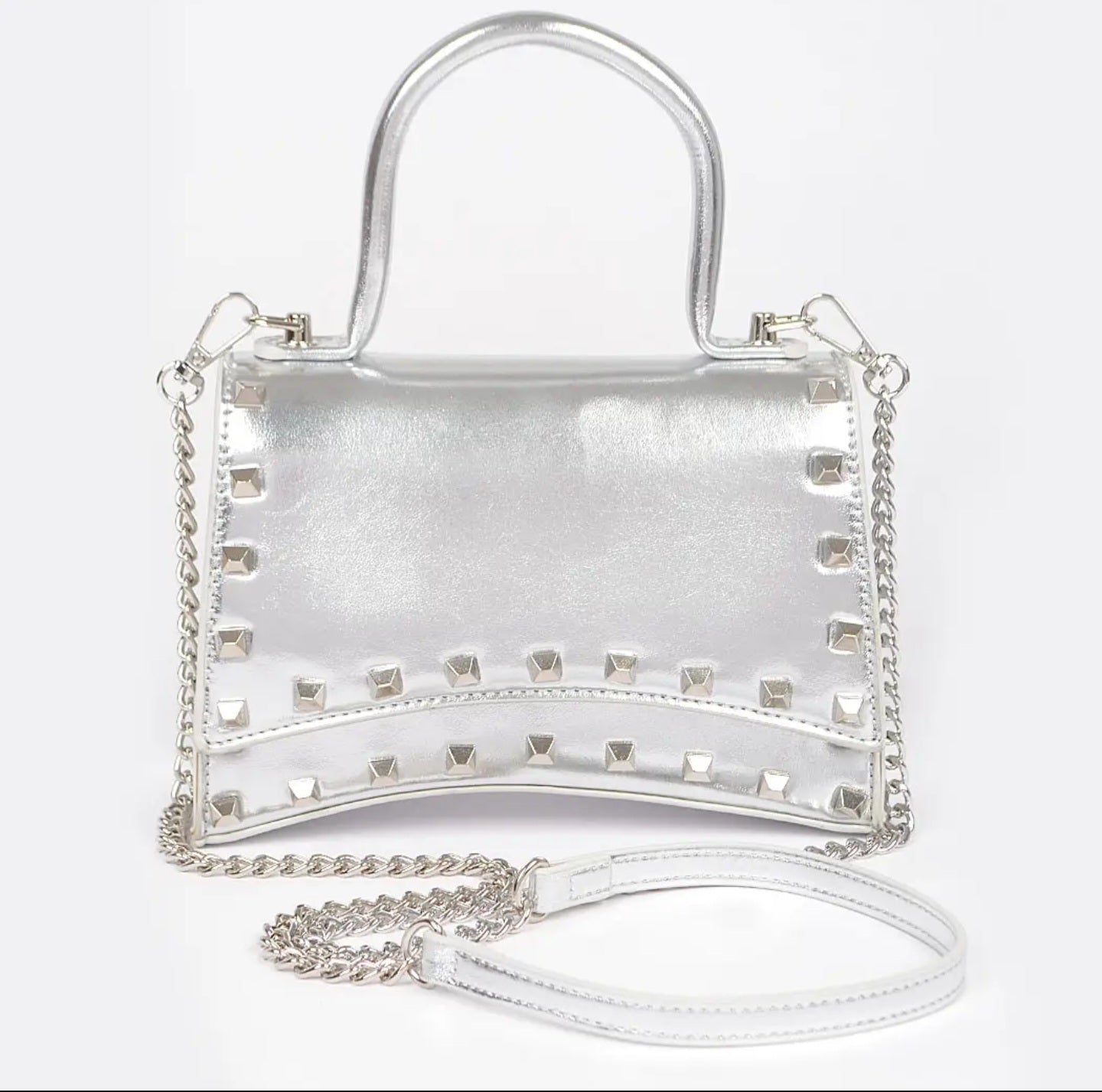 Metallic Faux Leather Studded Top Handle Silver Clutch